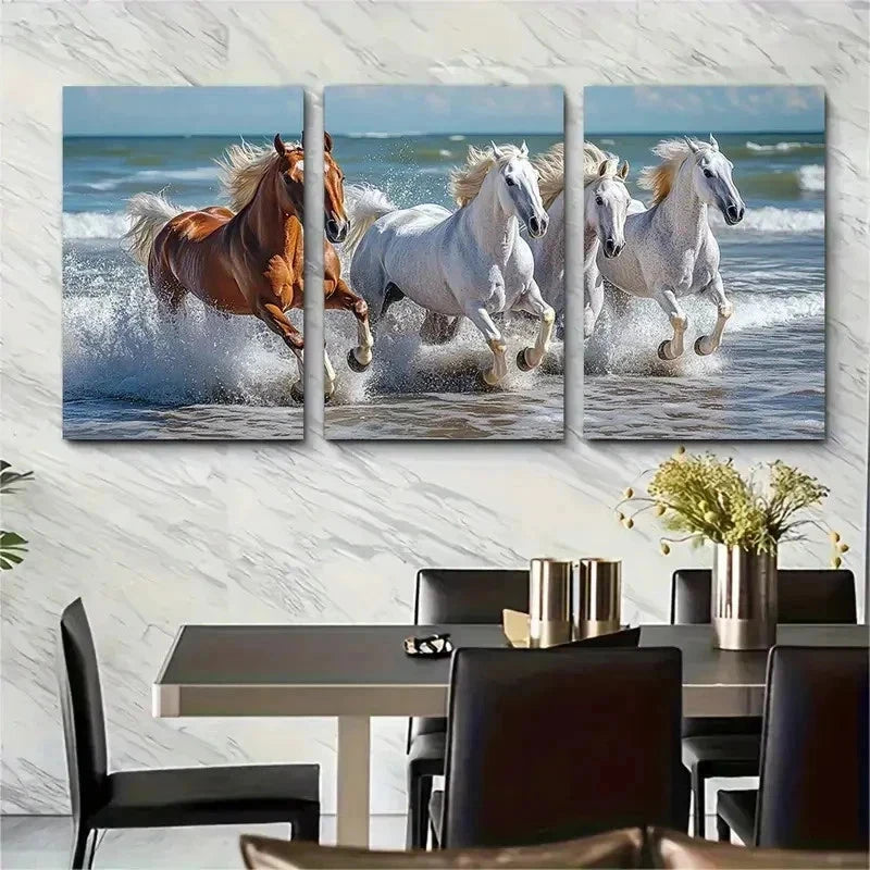3pcs Horses Galloping Through Ocean Perfect Wall Art Set Canvas Framed 50x70cm - High Quality Print 100% Australian Made Wall Canvas Ready to Hang