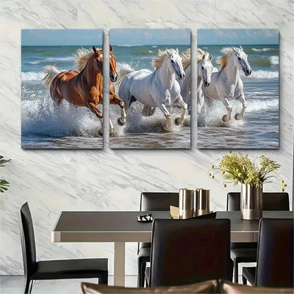 3pcs Horses Galloping Through Ocean Perfect Wall Art Set Canvas Framed 50x70cm - High Quality Print 100% Australian Made Wall Canvas Ready to Hang