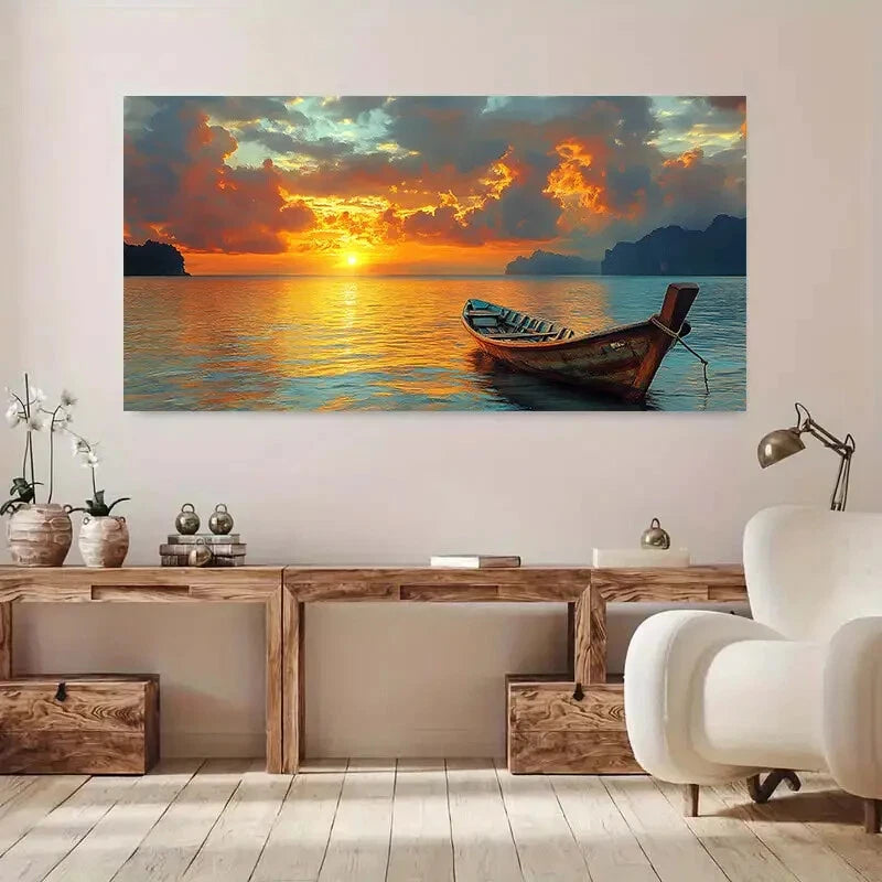 Serene Boats Sunset Lake Wall Art wall canvas office home room framed 120x60cm - Bella Home Decor