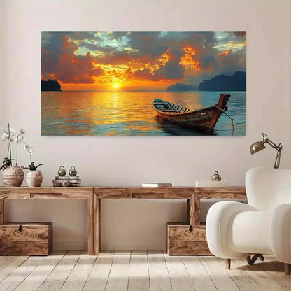 Serene Boats Sunset Lake Wall Art wall canvas office home room framed 120x60cm - Bella Home Decor