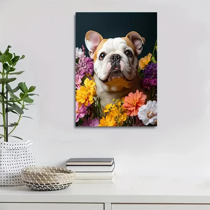 Flowers And Plants Cute Bulldog Dog Painting 40x60cm Metal Print Ready to Hang - Bella Home Decor