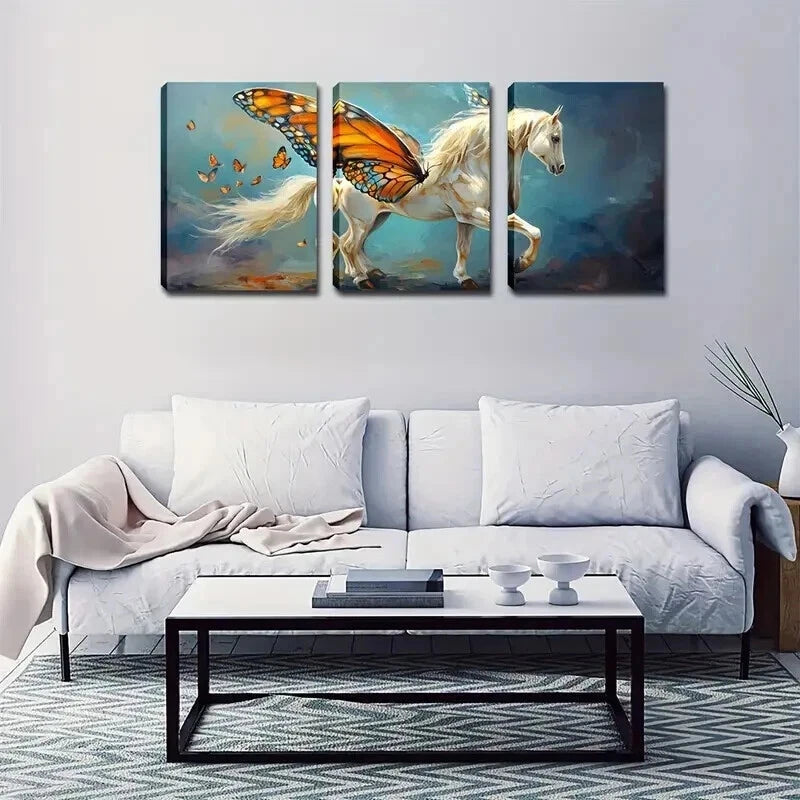 3pcs Horse With Butterfly Wings Blue Perfect Wall Art Set Canvas Framed 60x90cm - High Quality Print 100% Australian Made Wall Canvas Ready to Hang - Bella Home Decor