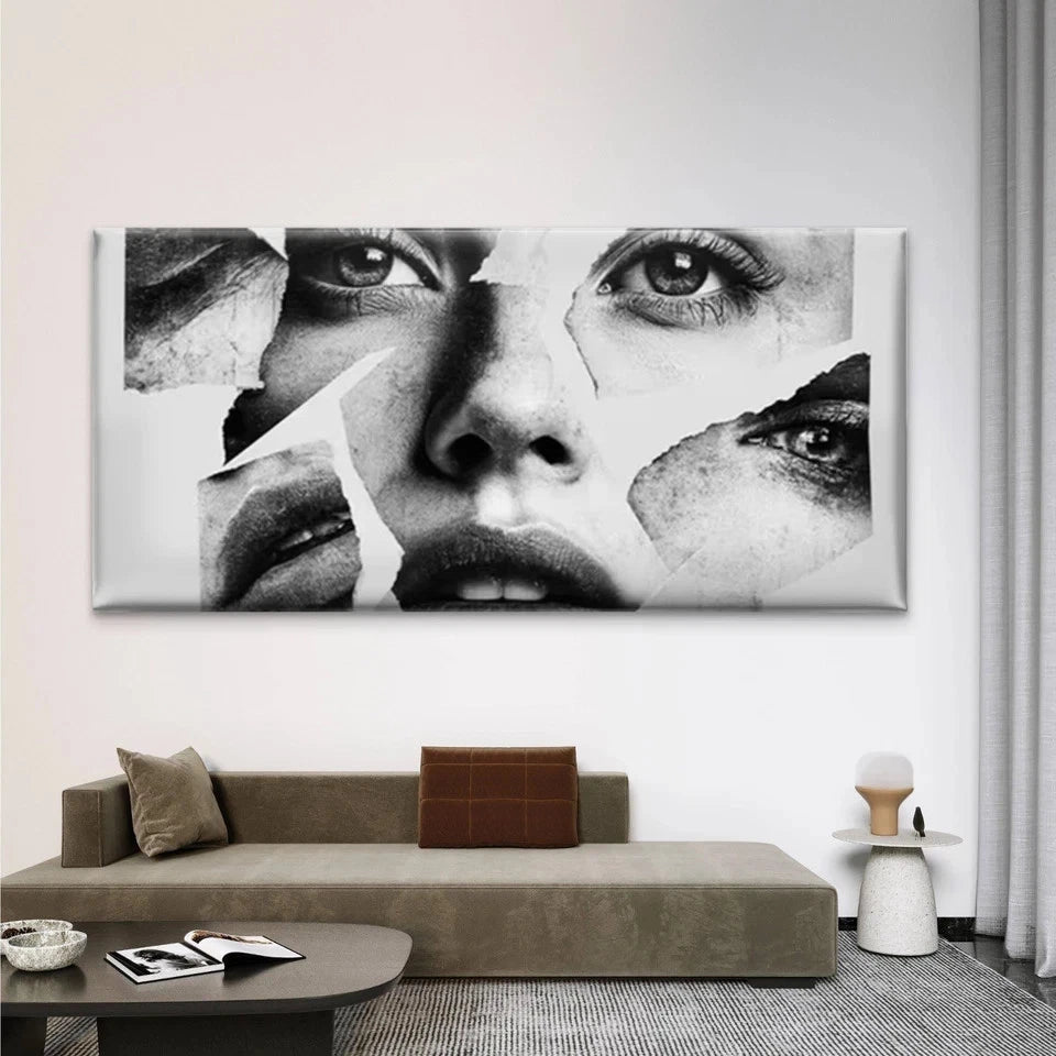 Black & White Face Fragment Wall Art Canvas Office Home Room Framed 120x60cm