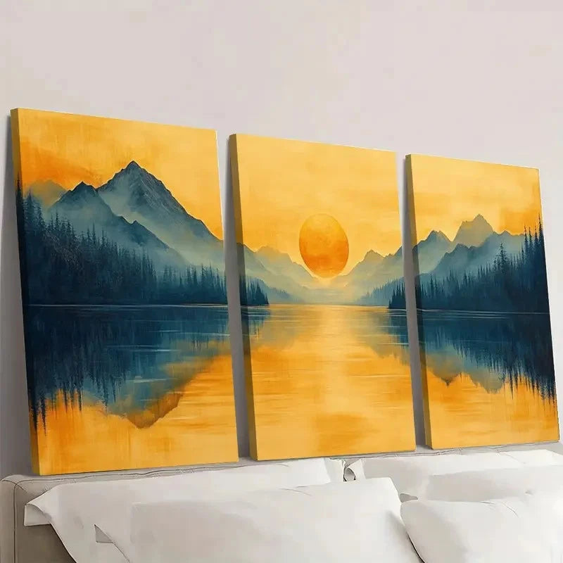 3pcs Serene Mountain Lake Scene Golden Wall Art Set Canvas Framed 60x90cm - High Quality Print 100% Australian Made Wall Canvas Ready to Hang