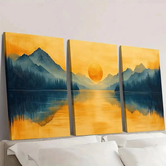 3pcs Serene Mountain Lake Scene Golden Wall Art Set Canvas Framed 60x90cm - High Quality Print 100% Australian Made Wall Canvas Ready to Hang