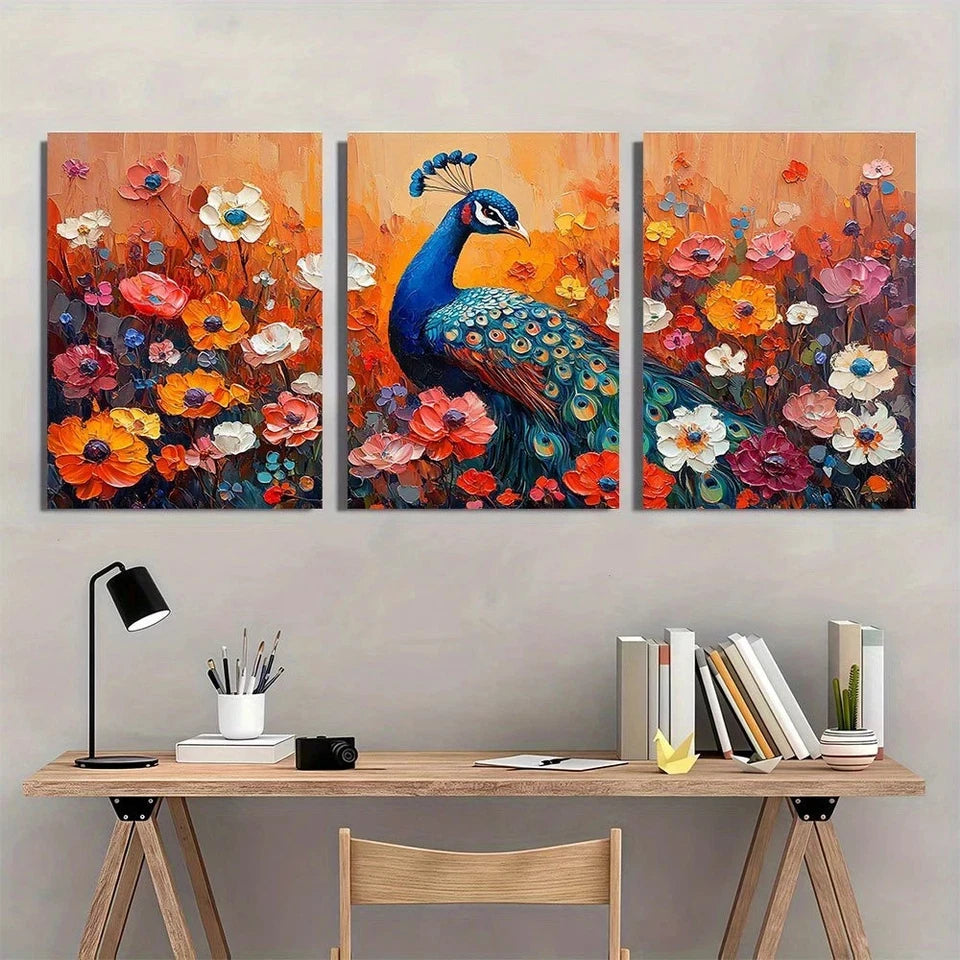 3pcs Vintage Floral Peacock Vibrant Orange Blue Wall Art Set Canvas Framed 50x70cm - High Quality Print 100% Australian Made Wall Canvas Ready to Hang