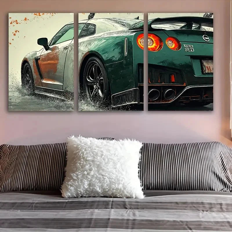 3pcs Green R35 GT-R Sport Car Abstract Wall Art Set Canvas Framed 40x60cm - High Quality Print 100% Australian Made Wall Canvas Ready to Hang