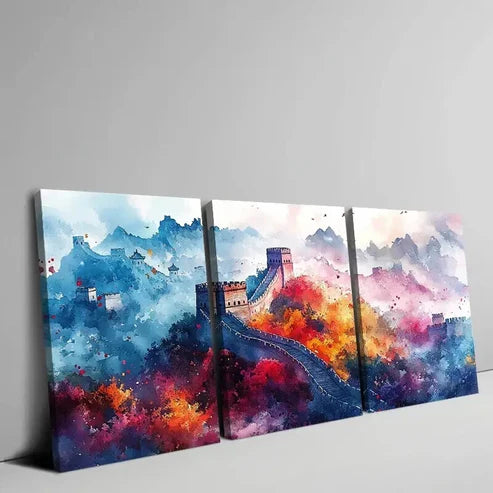 3pcs Ancient Great Wall of China Watercolor Art Set Canvas Unframed - High Quality Print 100% Australian Made Wall Canvas - Bella Home Decor