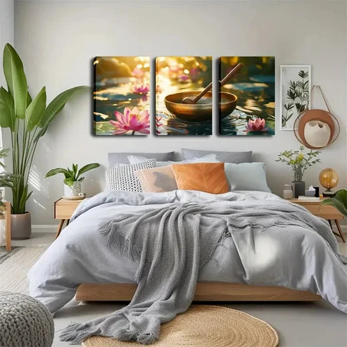 3pcs Golden Bowl and Wooden Spoon on Water Wall Art Set Canvas Unframed - High Quality Print 100% Australian Made Wall Canvas - Bella Home Decor