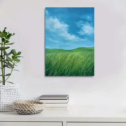 Emerald Wheat Grassland Landscape Painting 40x60cm Metal Print Ready to Hang - Bella Home Decor