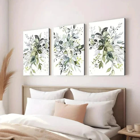 3pcs Elegant Floral Botanical Purple Green Blue Wall Art Set Canvas Unframed - High Quality Print 100% Australian Made Wall Canvas