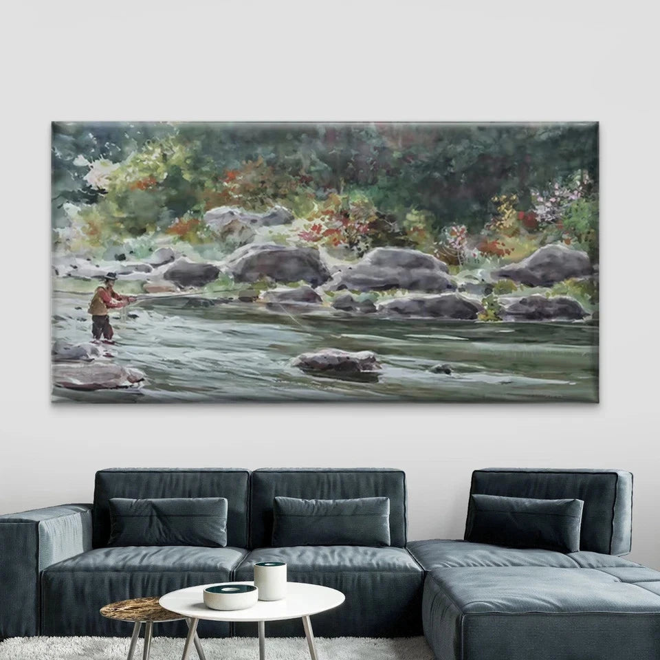 Serene River & Fishing Scene Wall Art Canvas Office Home Room Framed 120x60cm