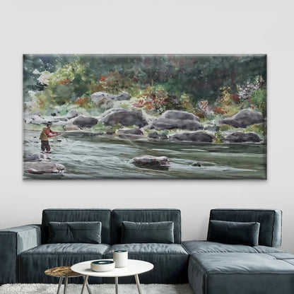 Serene River & Fishing Scene Wall Art Canvas Office Home Room Framed 120x60cm
