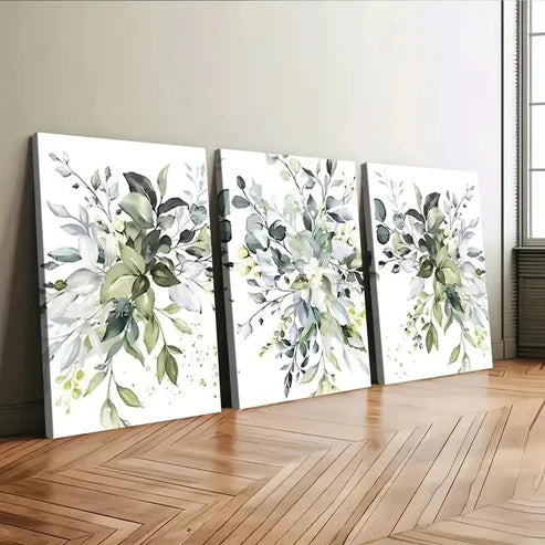 3pcs Elegant Floral Botanical Purple Green Blue Wall Art Set Canvas Unframed - High Quality Print 100% Australian Made Wall Canvas