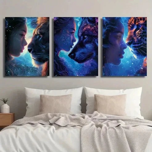 3pcs Galaxy-Themed with Lions Wolves Cheetahs Wall Art Canvas Unframed - High Quality Print 100% Australian Made Wall Canvas - Bella Home Decor