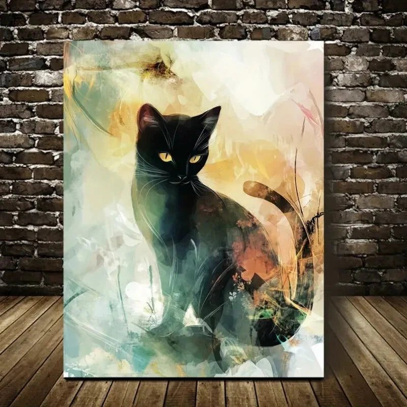 Beautiful Abstract Dreamy Black Cat Painting 40x60cm Metal Print Ready to Hang - Bella Home Decor