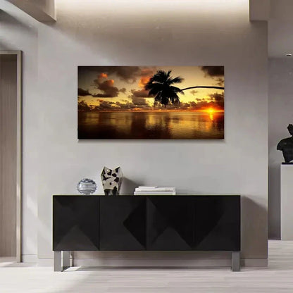 Beach View Sunset & Palm Wall Art Canvas Office Home Room Framed 120x60cm