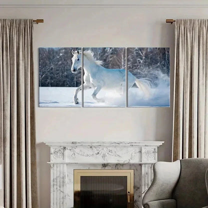 3pcs Elegant White Horse in Snowy Landscape Wall Art Set Canvas Framed 60x90cm - High Quality Print 100% Australian Made Wall Canvas Ready to Hang