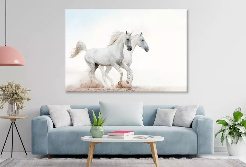 Two Beautiful Snowy White Horses Wall Art Decor 100% Australian Made - Bella Home Decor