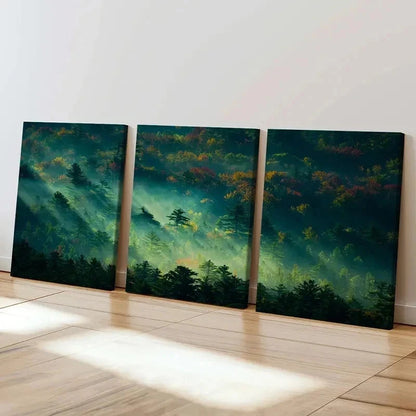 3pcs Misty Forest Woods Landscape Wall Art Set Canvas Framed 60x90cm - High Quality Print 100% Australian Made Wall Canvas Ready to Hang