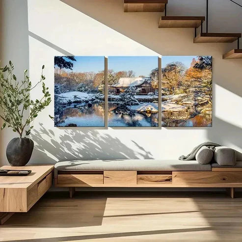 3pcs Snow Scene Cabin Tree Pond  Wall Art Set Canvas Unframed - High Quality Print 100% Australian Made Wall Canvas - Bella Home Decor