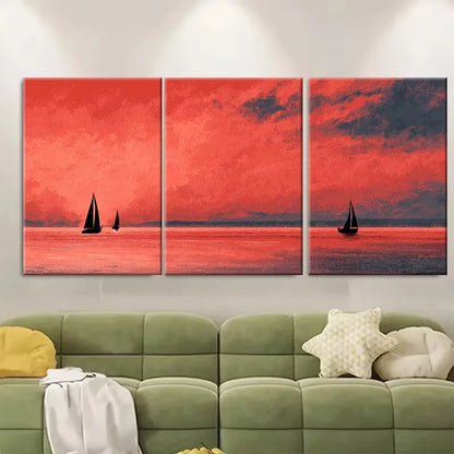 3pcs Dramatic Crimson Bay at Dusk with Sailboats Metal Print Ready to Hang Art - Bella Home Decor