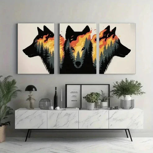 3pcs Wolf, Burning Forest Wall Art Canvas Unframed - High Quality Print 100% Australian Made Wall Canvas