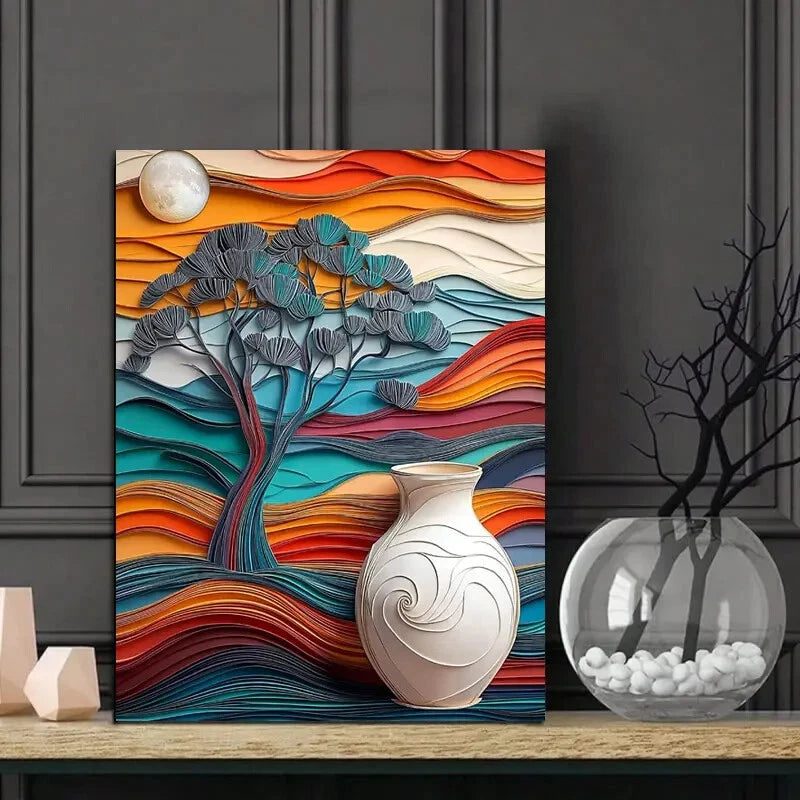 Paper Art of a Tree, Vase And Landscape in Three Color  40x60cm Metal Print Ready to Hang