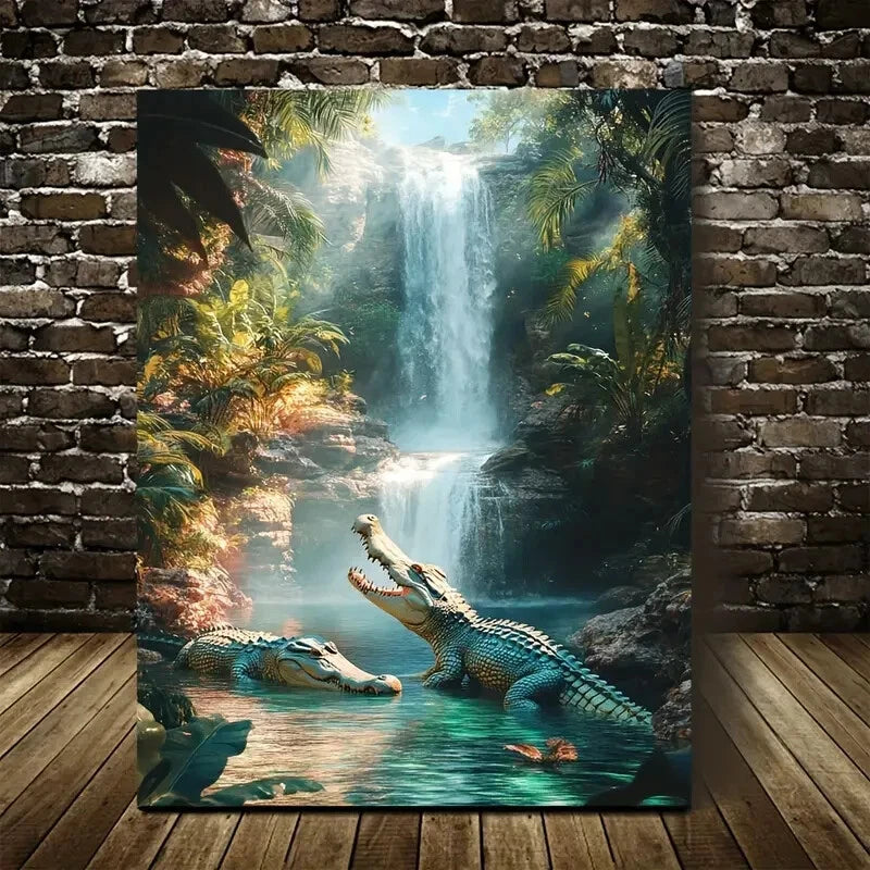 Beautiful Vibrant Crocodile Scene Painting 40x60cm Metal Print Ready to Hang - Bella Home Decor