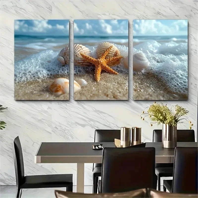 3pcs Starfish And Seashells Washing Perfect Wall Art Set Canvas Framed 50x70cm - High Quality Print 100% Australian Made Wall Canvas Ready to Hang