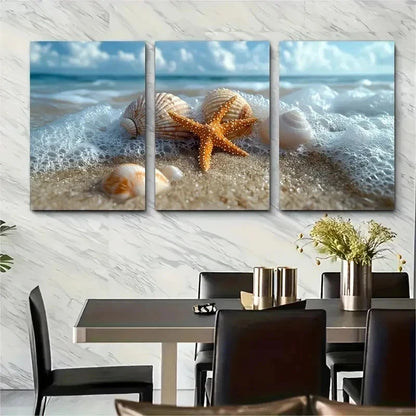 3pcs Starfish And Seashells Washing Perfect Wall Art Set Canvas Framed 50x70cm - High Quality Print 100% Australian Made Wall Canvas Ready to Hang