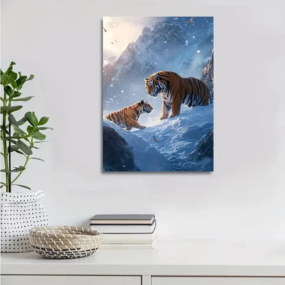 Dreamlike Tiger Scene on Snowy Mountain Painting 40x60cm Metal Print Ready to Hang - Bella Home Decor