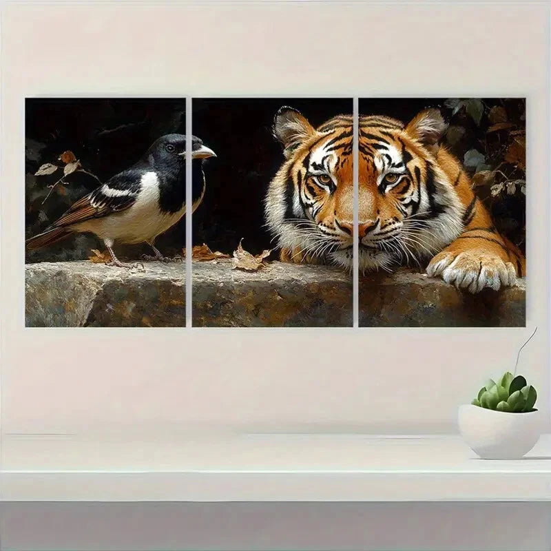 3pcs Tiger and Magpie Vibrant Animal Metal Print Ready to Hang Art - Bella Home Decor