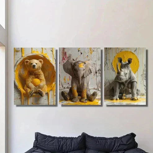 3pcs Cute Animals Bear Elephant Rhino Wall Art Set Canvas Unframed - High Quality Print 100% Australian Made Wall Canvas - Bella Home Decor