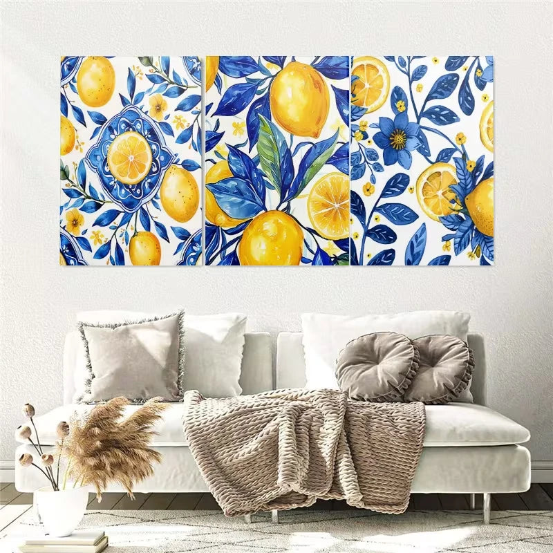 3pcs Blue Yellow Lemon Painting Wall Art Set Canvas Framed 40x60cm - High Quality Print 100% Australian Made Wall Canvas Ready to Hang - Bella Home Decor