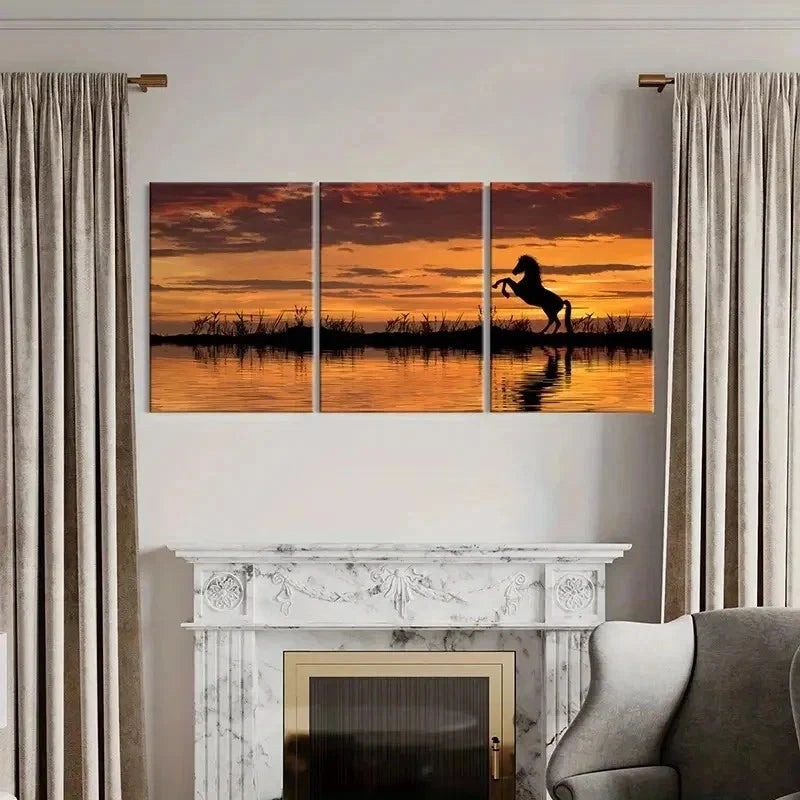 3pcs Animal Art Painting Horse At Sunset Wall Art Set Canvas Framed 60x90cm - High Quality Print 100% Australian Made Wall Canvas Ready to Hang - Bella Home Decor