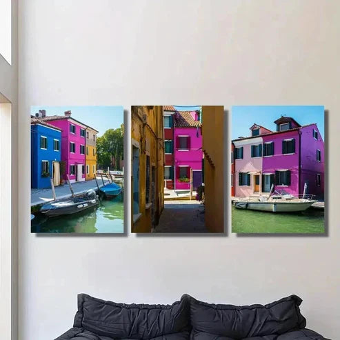 3pcs Colorful Venice Burano Island Canal Scene  Wall Art Set Canvas Unframed - High Quality Print 100% Australian Made Wall Canvas - Bella Home Decor