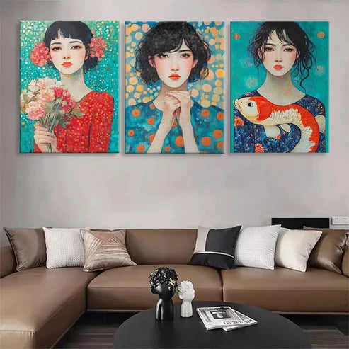 3pcs Colorful Portrait Beautiful Girls Perfect Wall Art Set Canvas Unframed - High Quality Print 100% Australian Made Wall Canvas - Bella Home Decor
