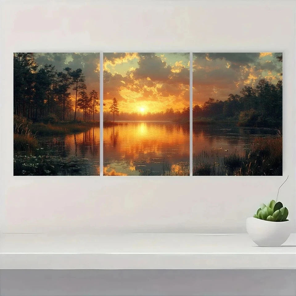 3pcs Vintage Style Lake and Pine Tree Forest Metal Print Ready to Hang Art - Bella Home Decor