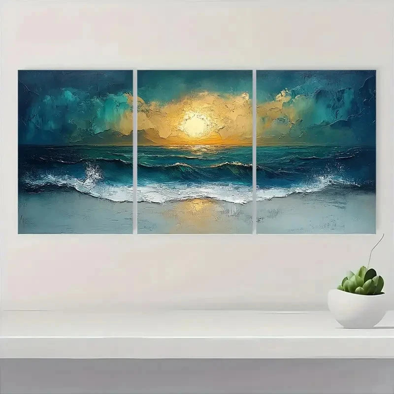 3pcs Blue & Green Ocean Sunset OS     Wall Art Set Canvas Framed 60x90cm - High Quality Print 100% Australian Made Wall Canvas Ready to Hang - Bella Home Decor