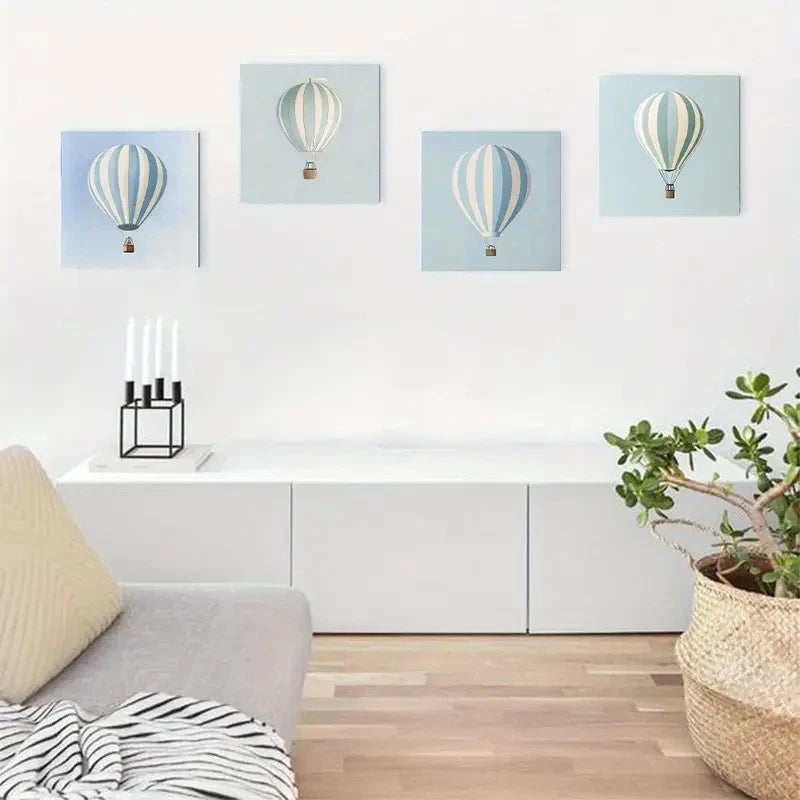 4pcs Blue Hot Air Balloon Theme Wall Art Canvas Framed