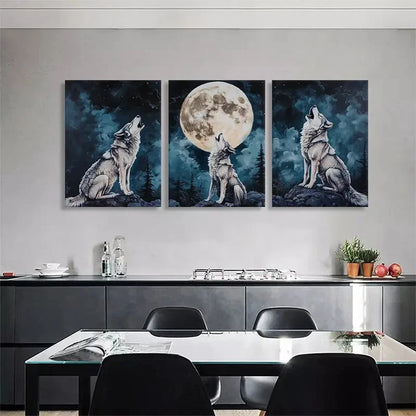 3pcs Wolf Howling at the Moon Mystical Perfect Wall Art Set Canvas Framed 60x90cm - High Quality Print 100% Australian Made Wall Canvas Ready to Hang