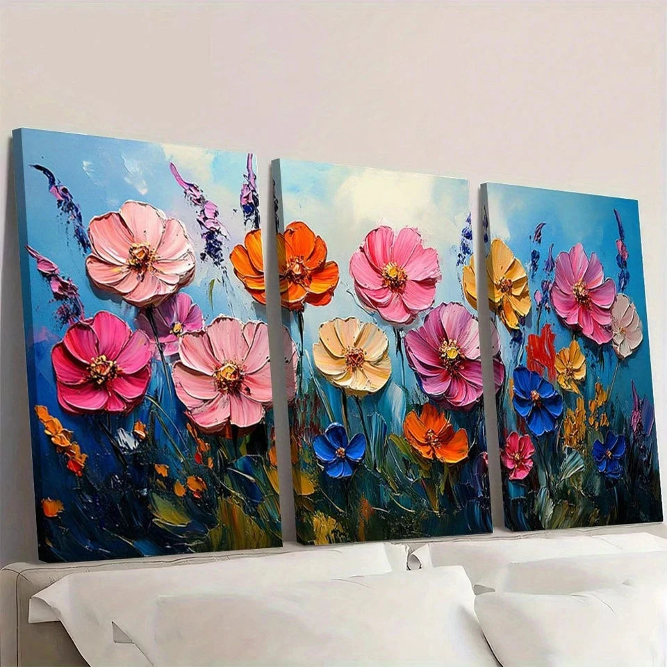 3pcs Modern Abstract Meadow Wildflowers Wall Art Set Canvas Framed 60x90cm - High Quality Print 100% Australian Made Wall Canvas Ready to Hang