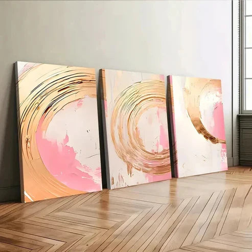 3pcs Trendy Abstract Art Pink Golden Rounds Wall Art Canvas Unframed - High Quality Print 100% Australian Made Wall Canvas
