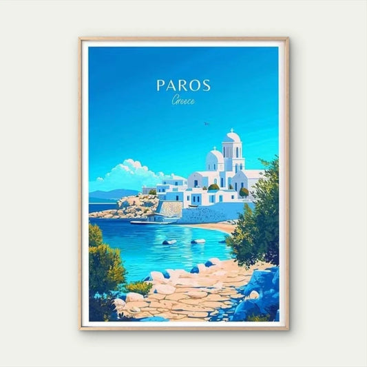 Paros Greece Blue & White Cycladic Travel Poster Print Wall Art