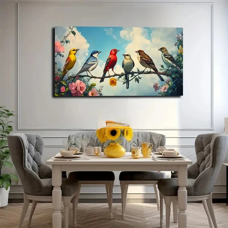 Vibrant Birds On Slender Branch Wall Art Canvas Office Home Room Framed 120x60cm