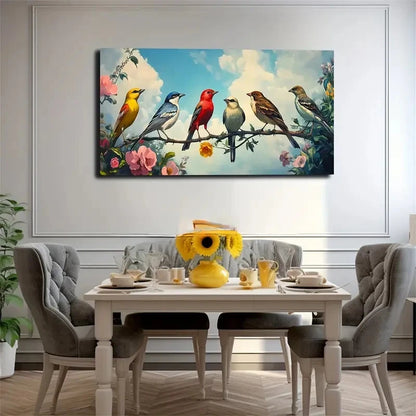 Vibrant Birds On Slender Branch Wall Art Canvas Office Home Room Framed 120x60cm