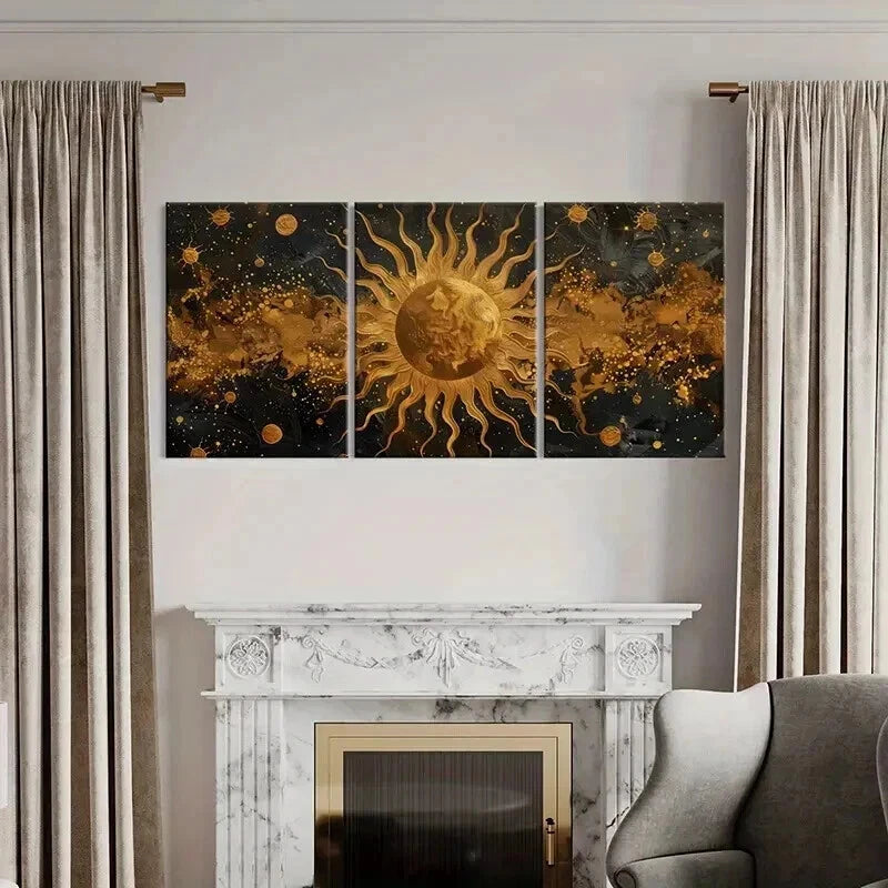 3pcs Golden Sun & Celestial Retro Space Design  Wall Art Set Canvas Framed 40x60cm - High Quality Print 100% Australian Made Wall Canvas Ready to Hang - Bella Home Decor