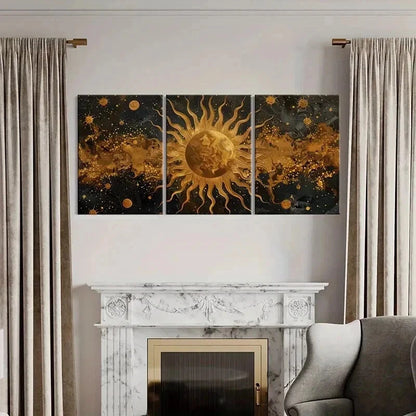 3pcs Golden Sun & Celestial Retro Space Design  Wall Art Set Canvas Framed 40x60cm - High Quality Print 100% Australian Made Wall Canvas Ready to Hang - Bella Home Decor