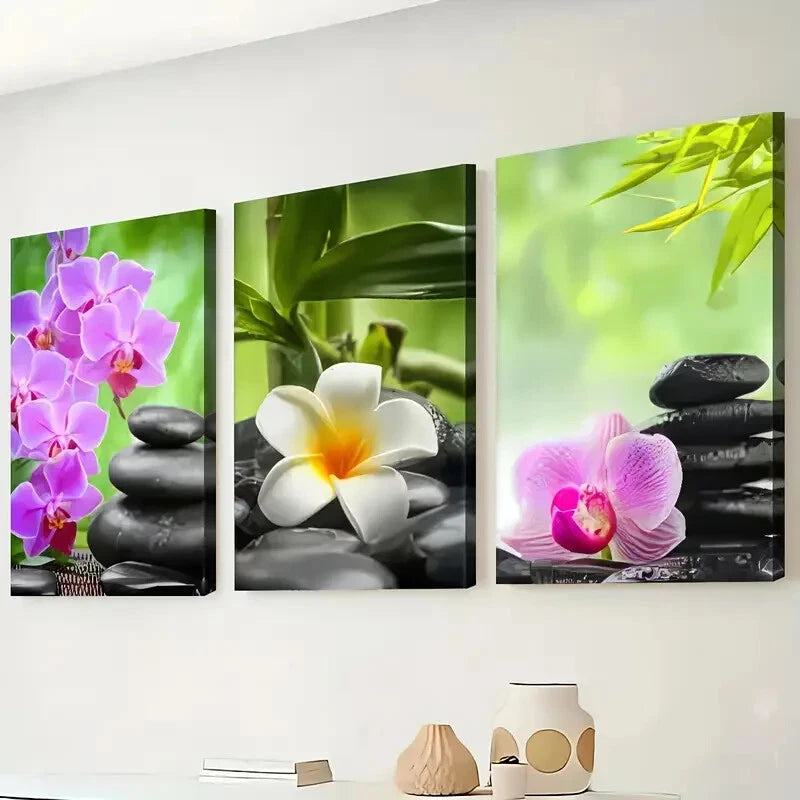 3pcs Modern Natural Flower Luck Stone Perfect Wall Art Set Canvas Framed 40x60cm - High Quality Print 100% Australian Made Wall Canvas Ready to Hang - Bella Home Decor
